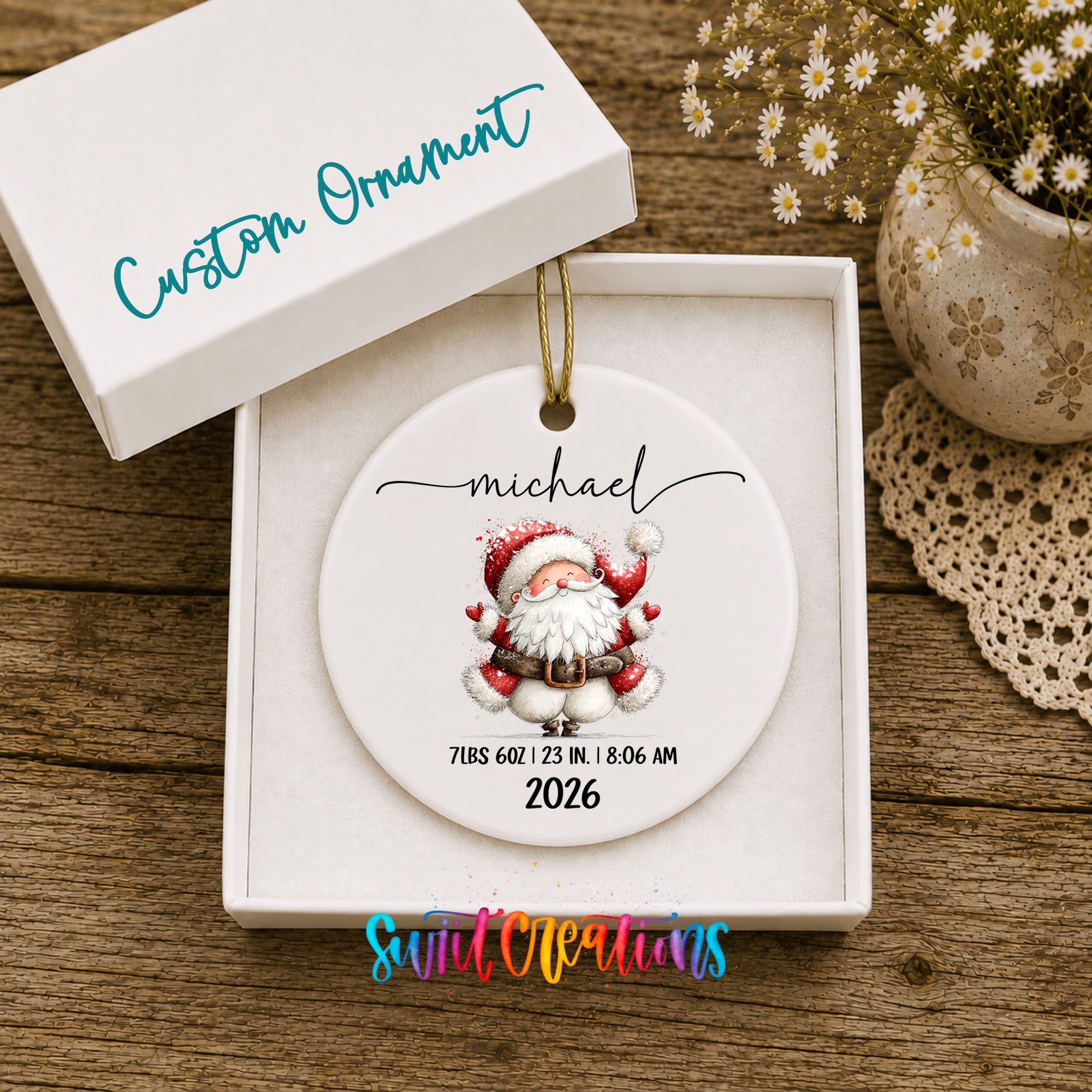 Personalized Santa birth stats ceramic ornament gift box presentation | CO010