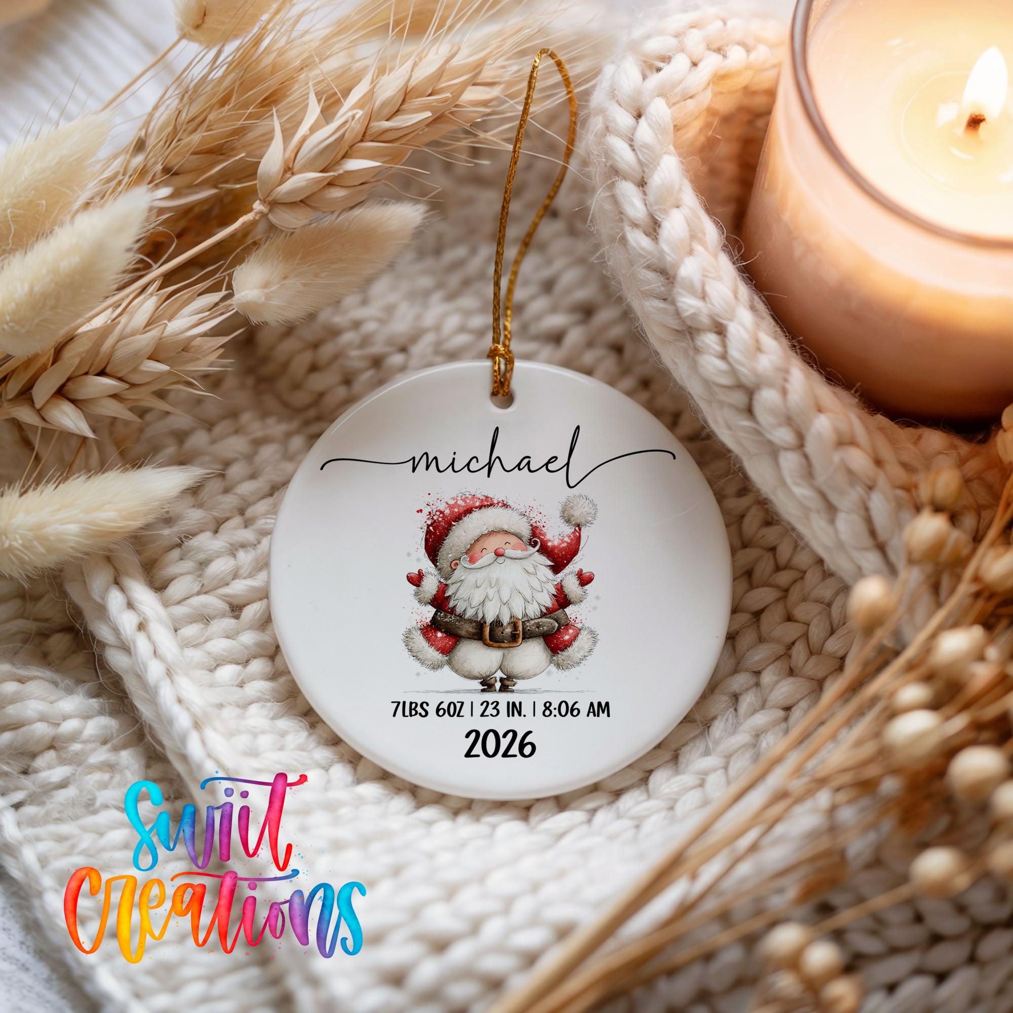 Personalized Santa birth stats ceramic ornament holiday keepsake display | CO010