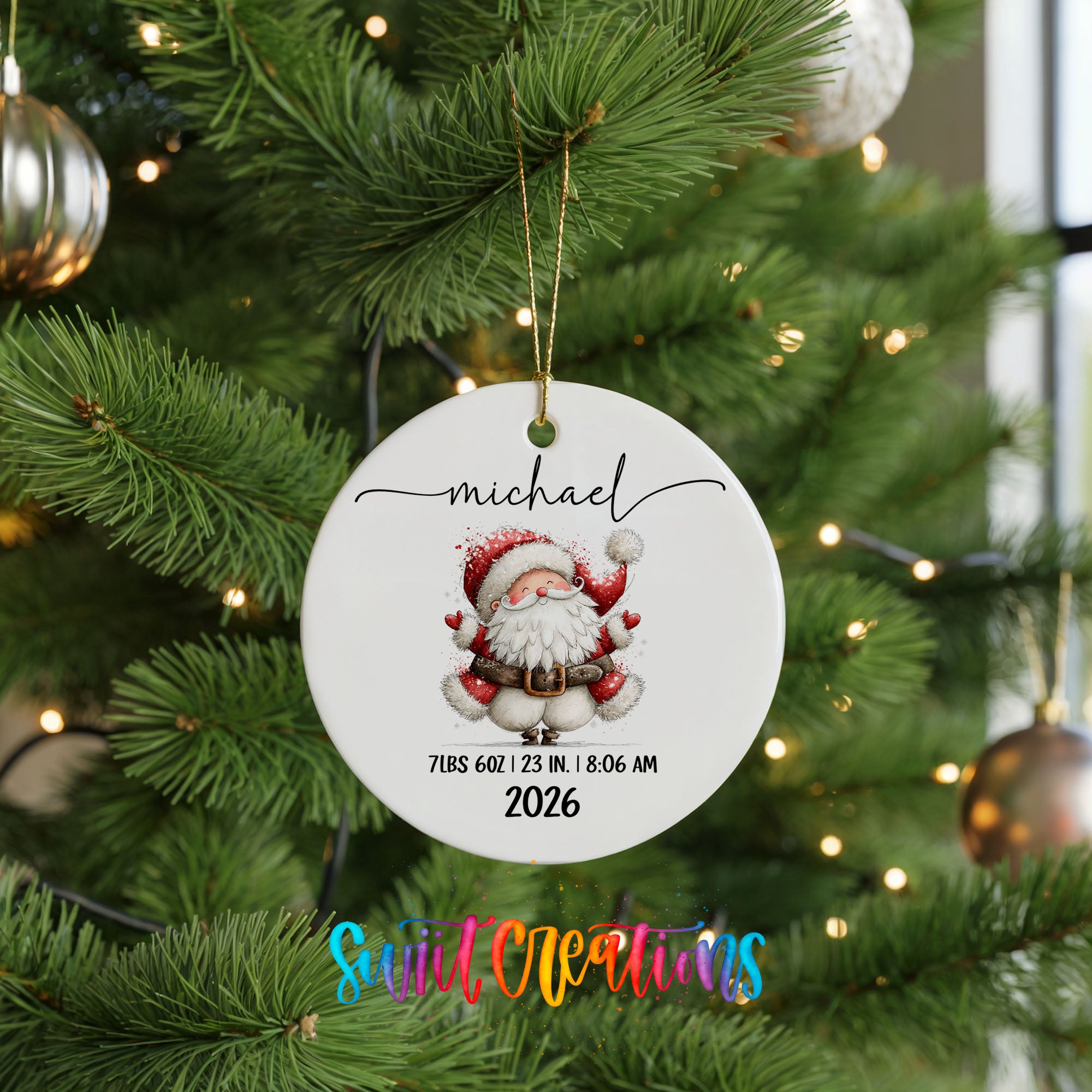 Personalized Santa birth stats ceramic ornament hanging display | CO010