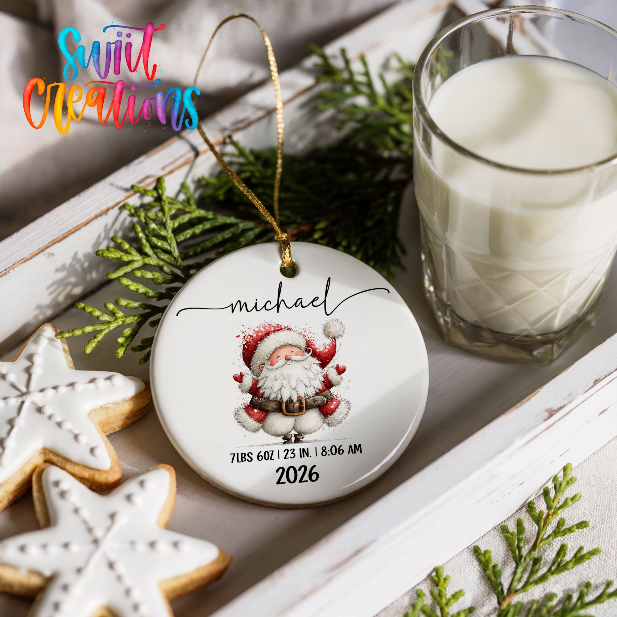 Personalized Santa birth stats ceramic ornament design detail | CO010