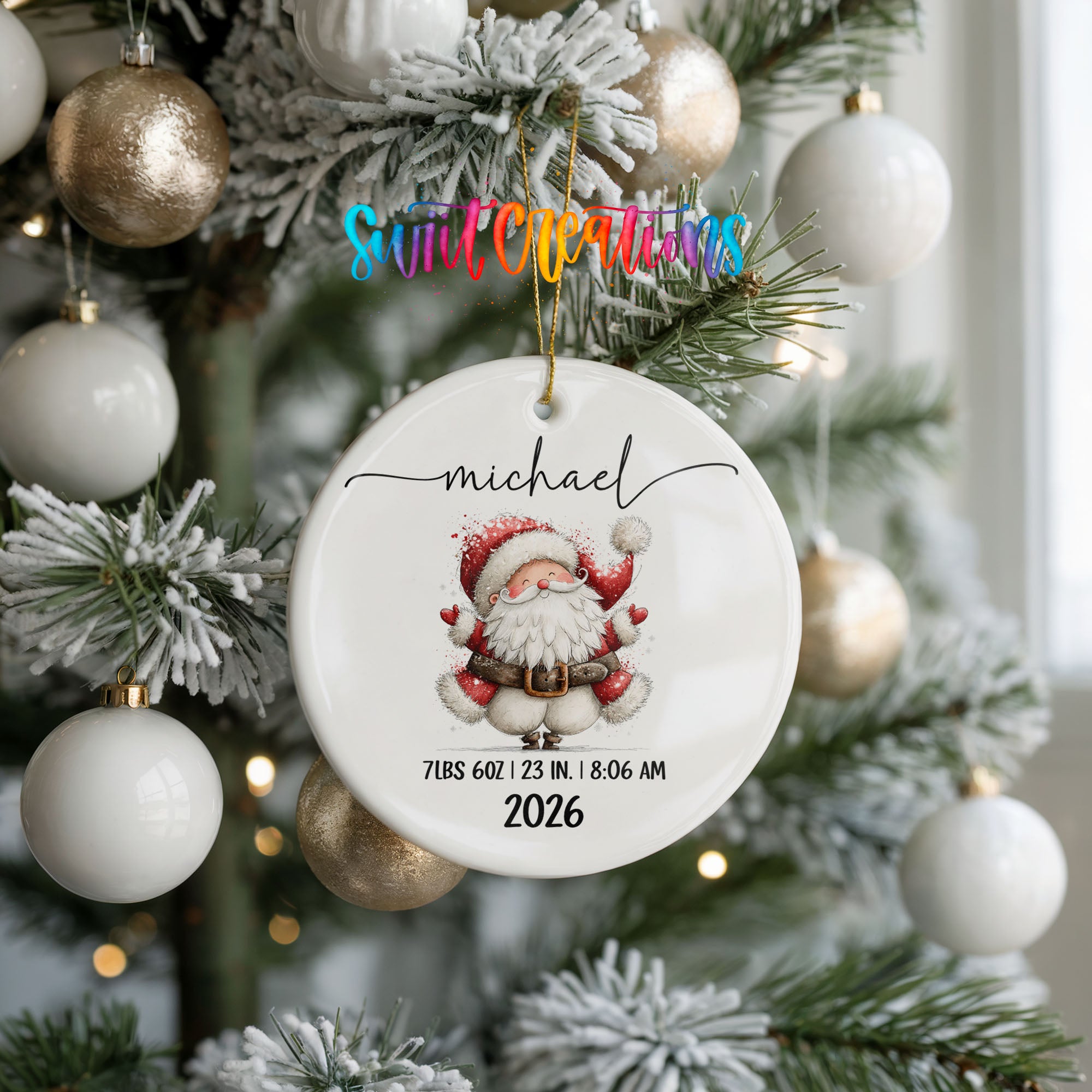 Personalized Santa birth stats ceramic ornament keepsake view | CO010