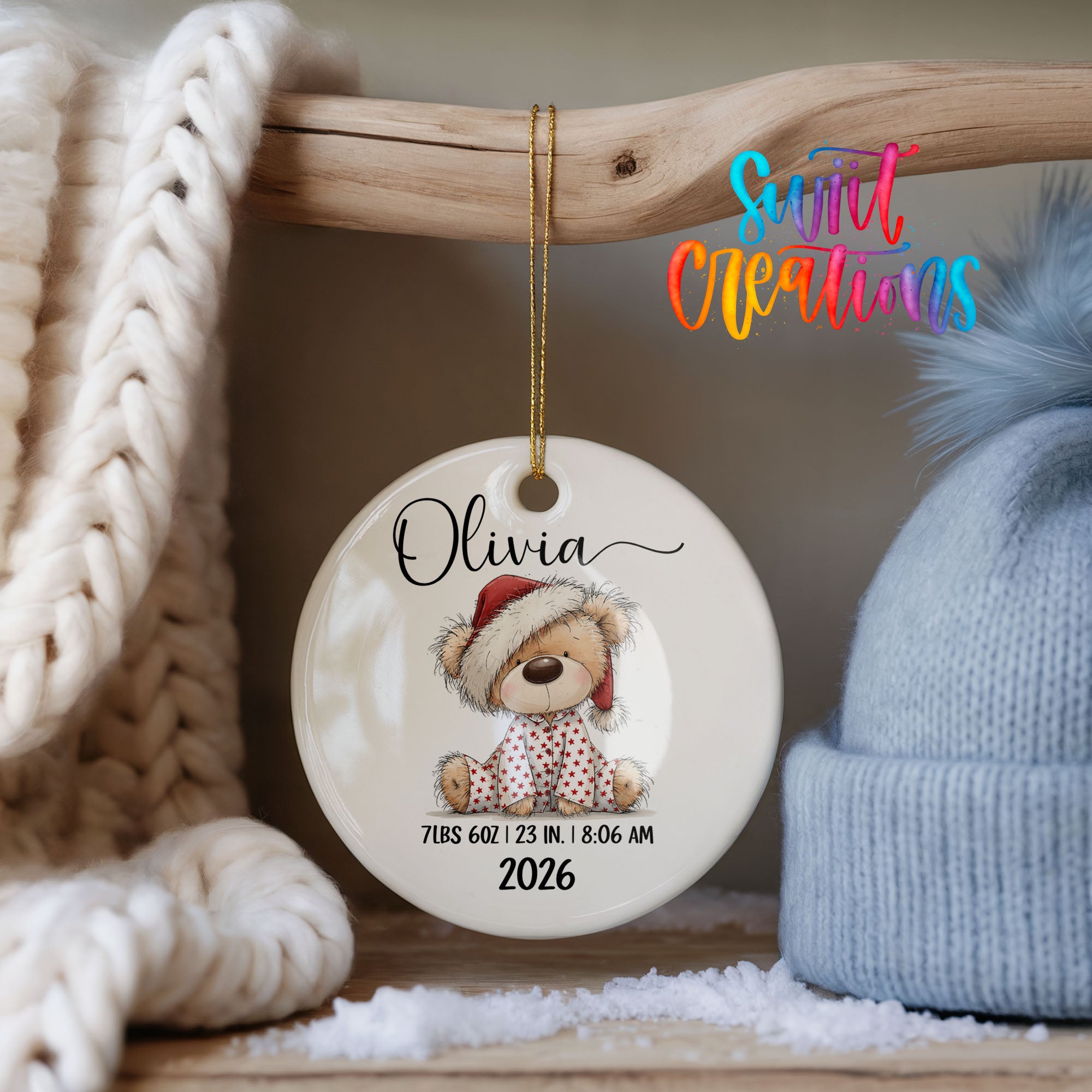 Personalized Santa hat teddy bear birth stats ceramic ornament personalized front design | CO011