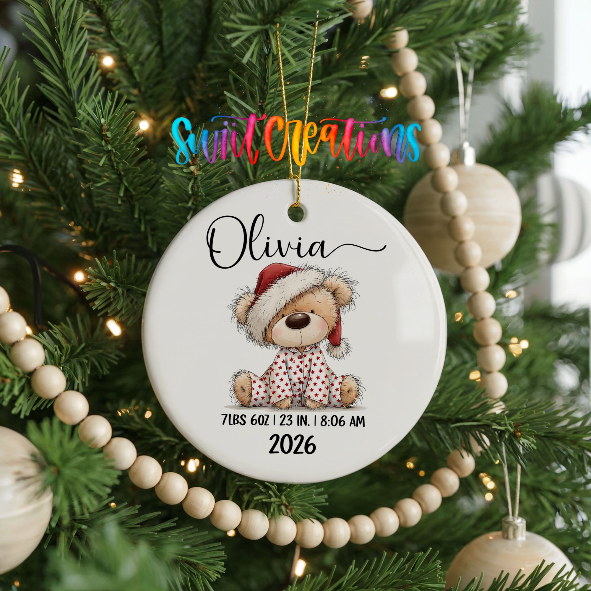 Personalized Santa hat teddy bear birth stats ceramic ornament close detail | CO011