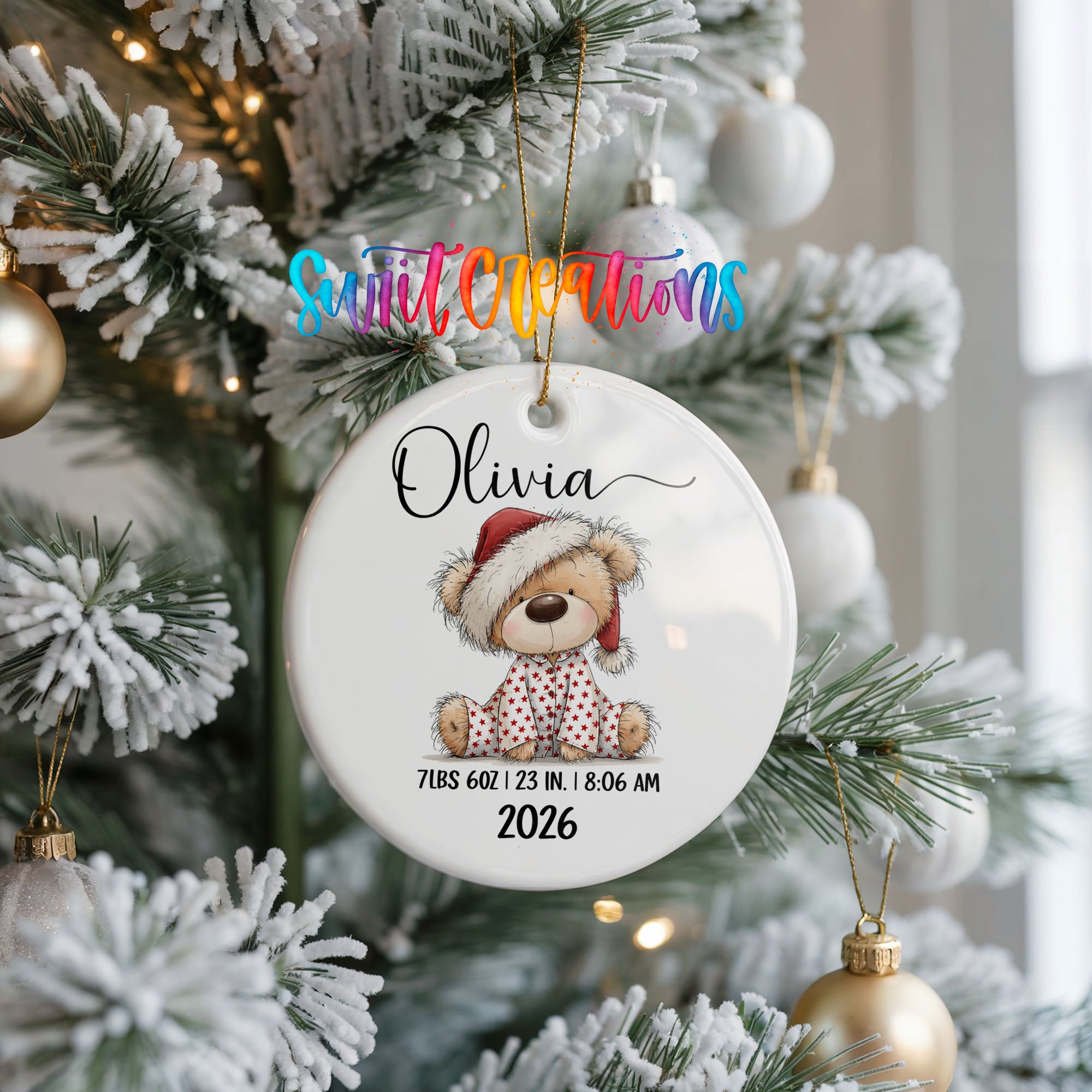 Personalized Santa hat teddy bear birth stats ceramic ornament ceramic ornament view | CO011