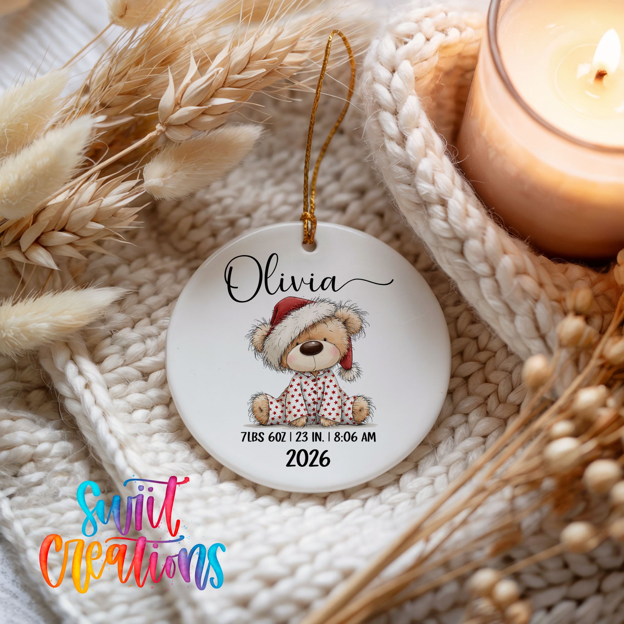Personalized Santa hat teddy bear birth stats ceramic ornament holiday keepsake display | CO011