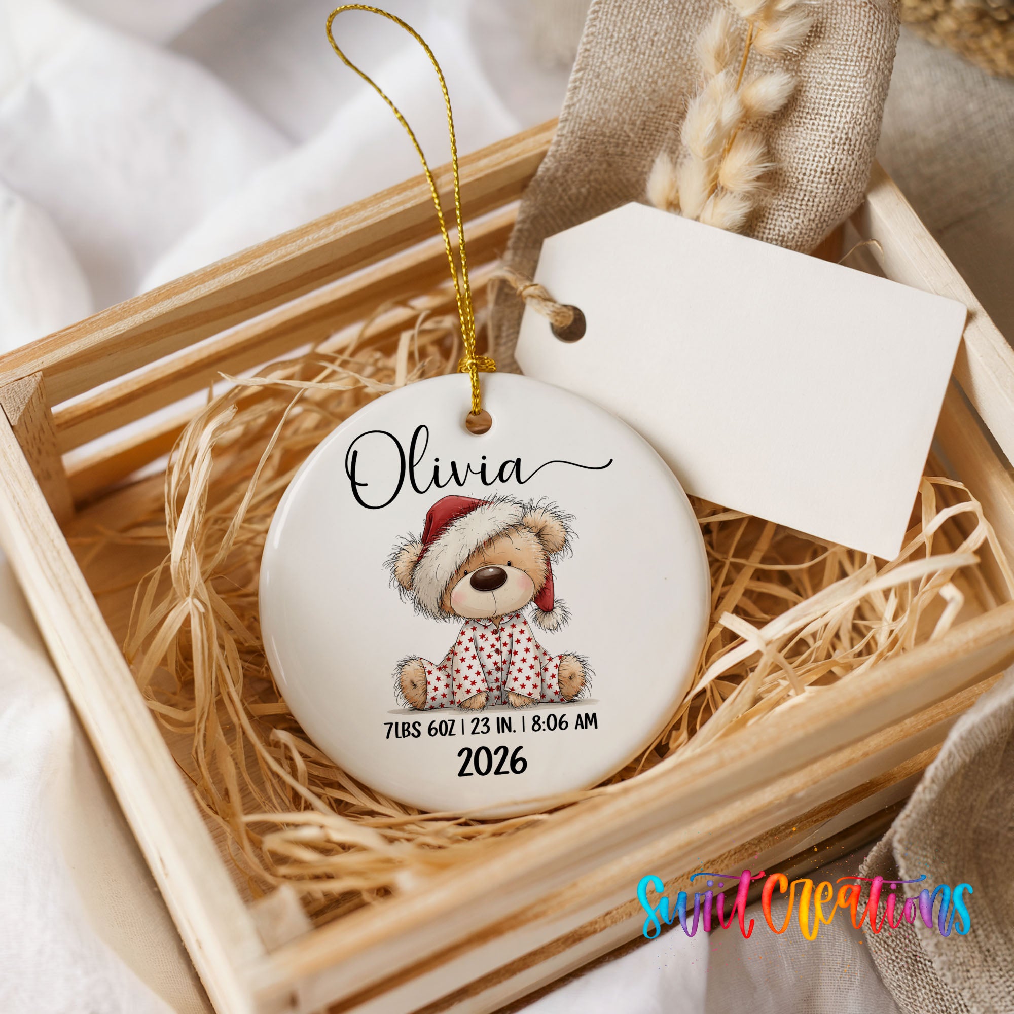 Personalized Santa hat teddy bear birth stats ceramic ornament customization example | CO011