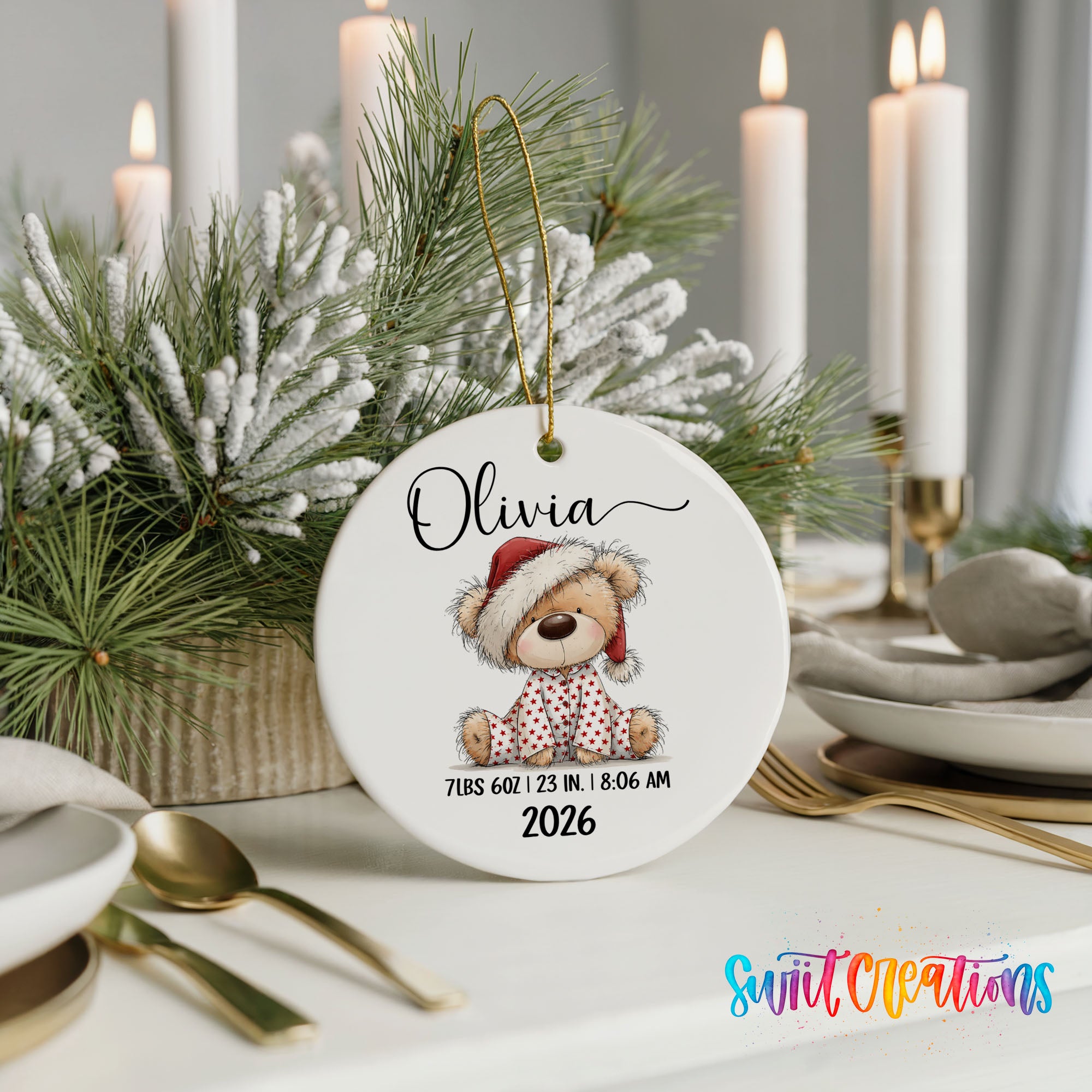 Personalized Santa hat teddy bear birth stats ceramic ornament gift presentation | CO011