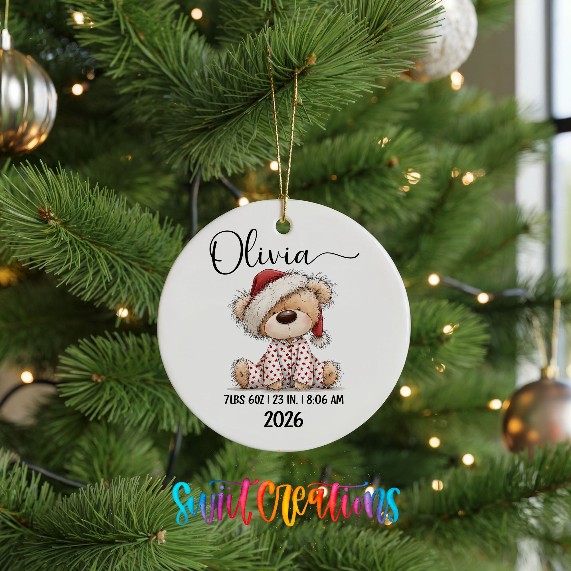 Personalized Santa hat teddy bear birth stats ceramic ornament hanging display | CO011