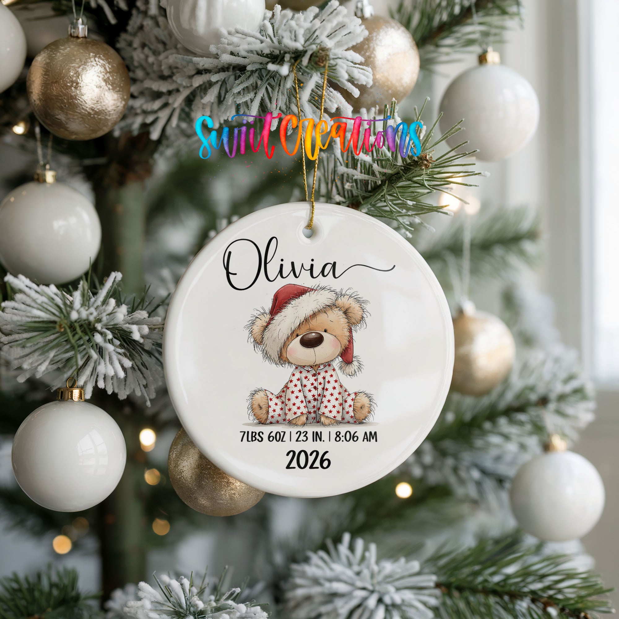 Personalized Santa hat teddy bear birth stats ceramic ornament keepsake view | CO011