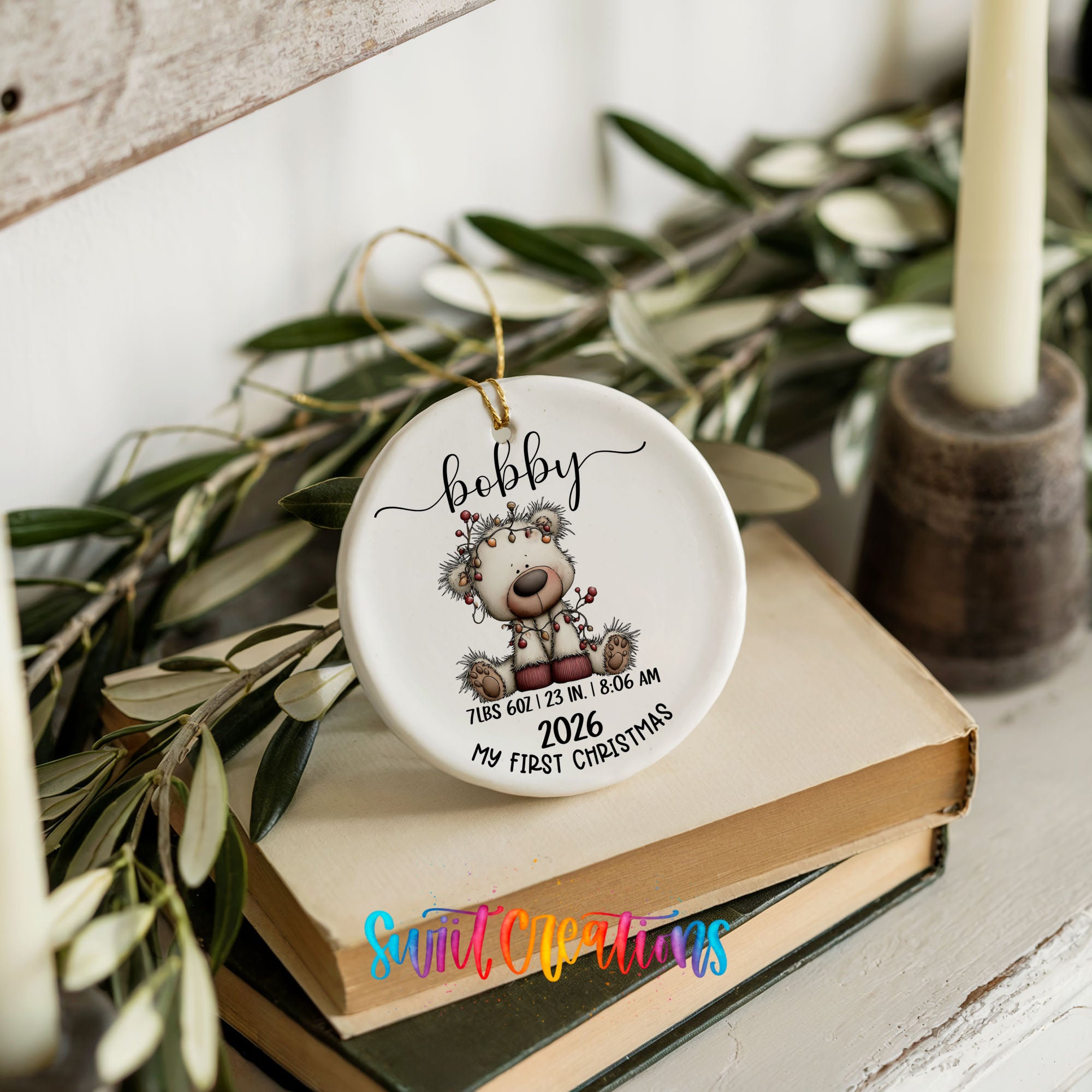 Personalized white bear birth stats ceramic ornament finished ornament detail | CO012