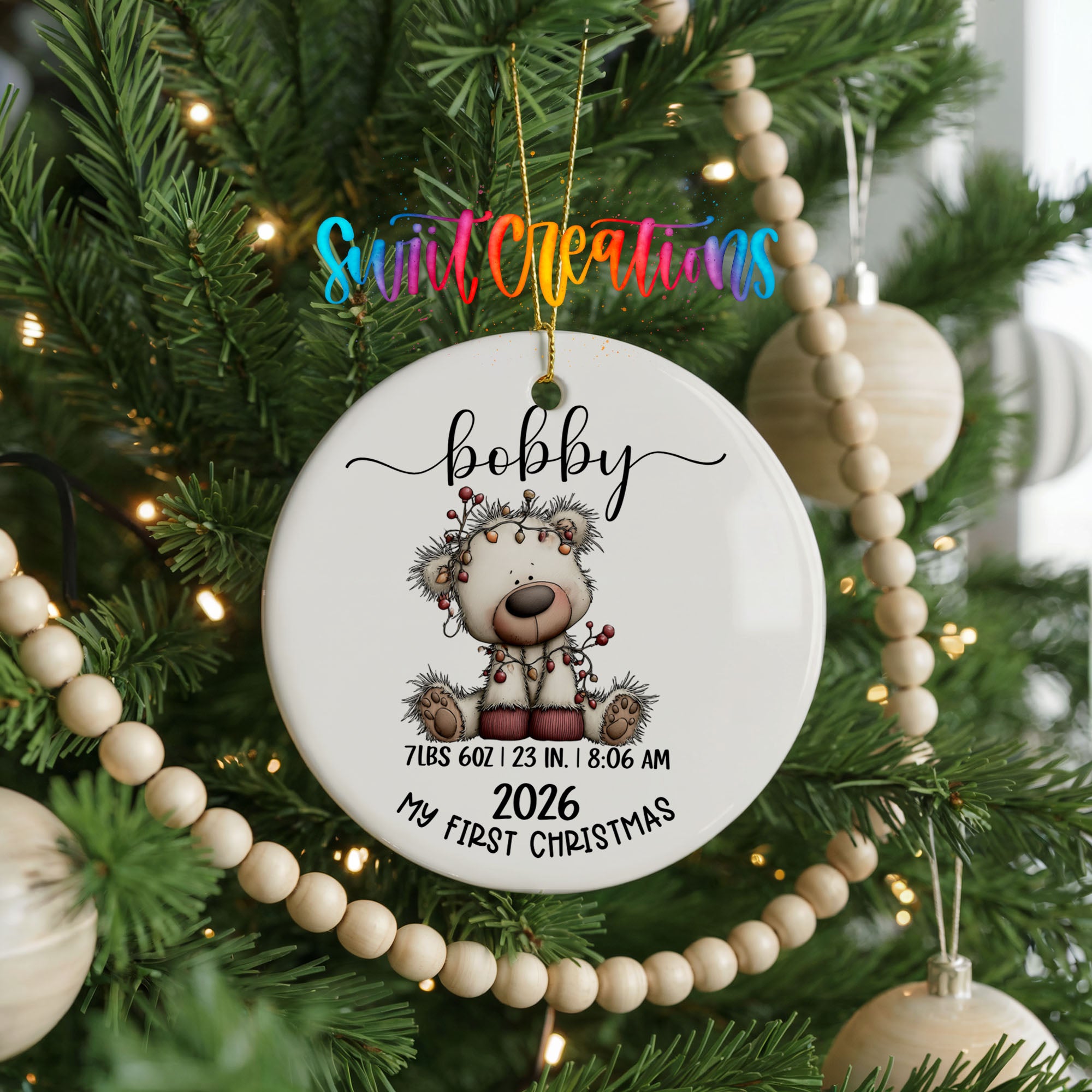 Personalized white bear birth stats ceramic ornament close detail | CO012