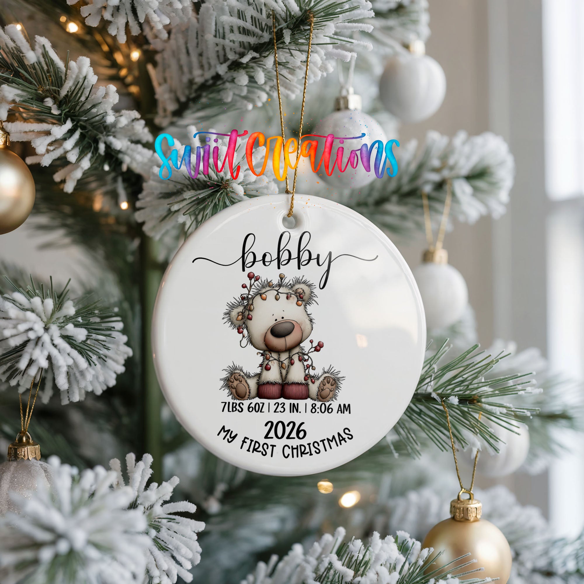 Personalized white bear birth stats ceramic ornament ceramic ornament view | CO012