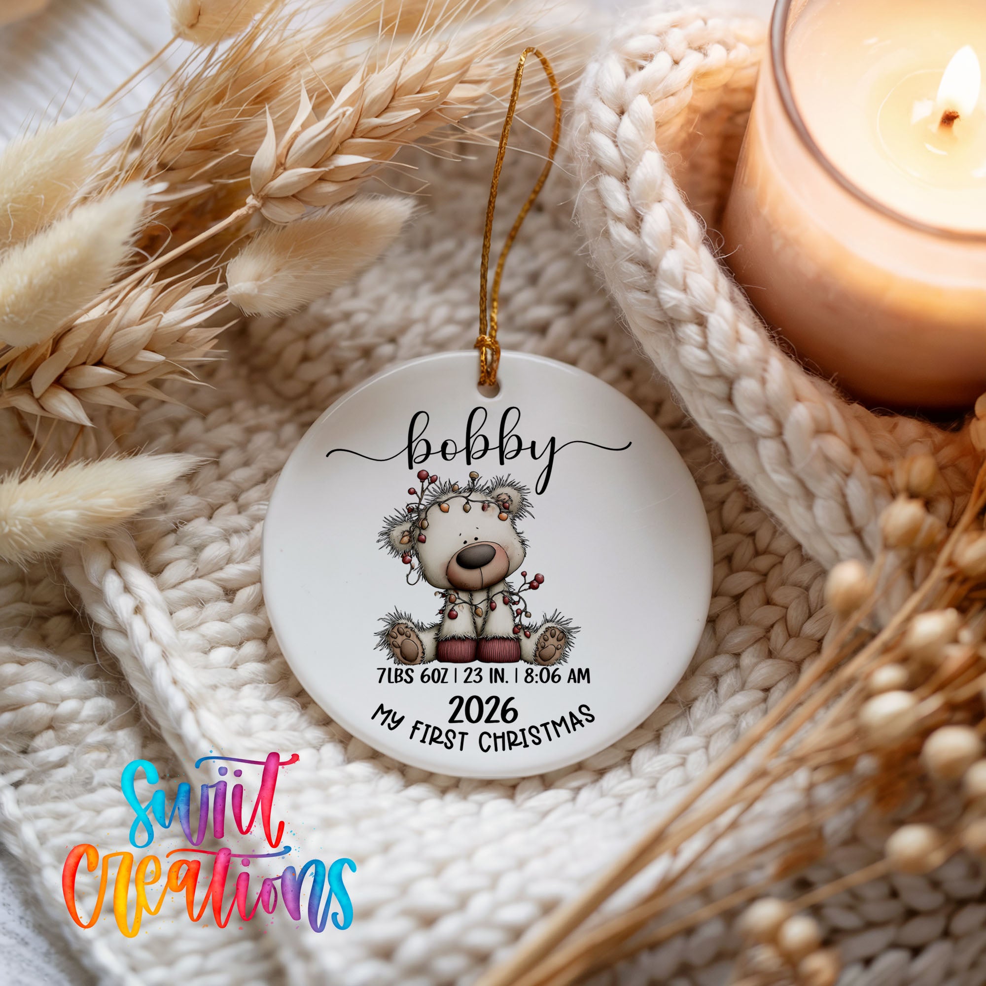 Personalized white bear birth stats ceramic ornament holiday keepsake display | CO012