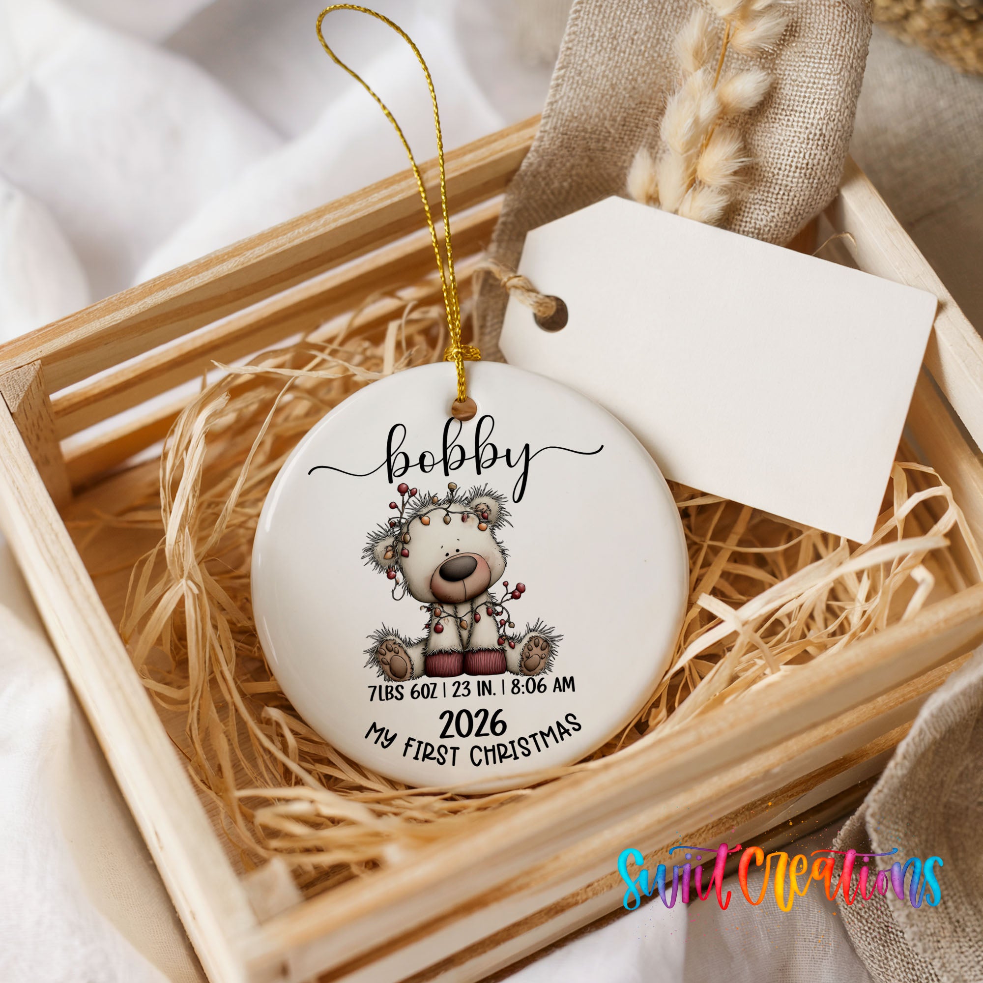Personalized white bear birth stats ceramic ornament customization example | CO012