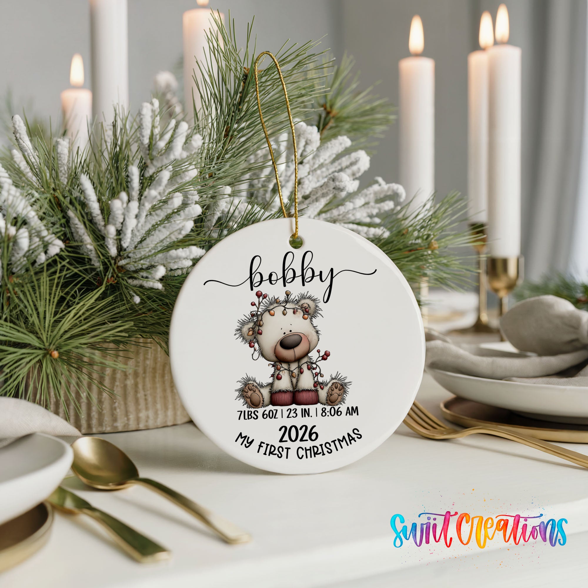 Personalized white bear birth stats ceramic ornament gift presentation | CO012
