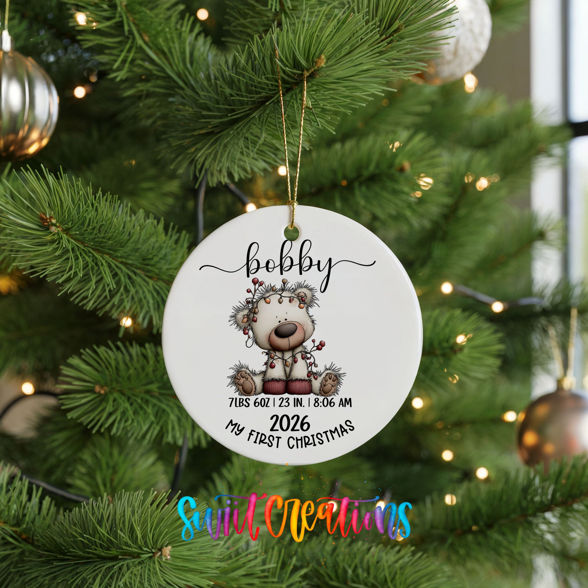 Personalized white bear birth stats ceramic ornament hanging display | CO012