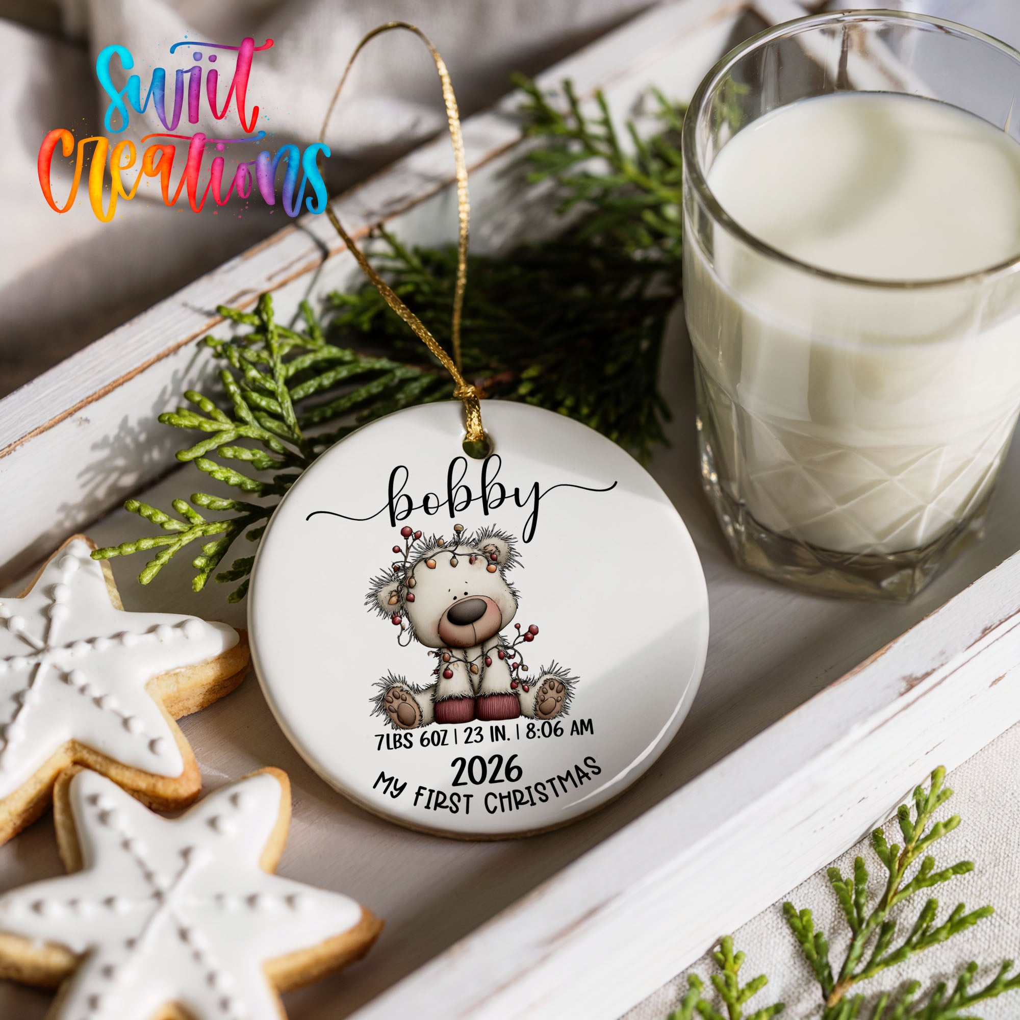 Personalized white bear birth stats ceramic ornament design detail | CO012