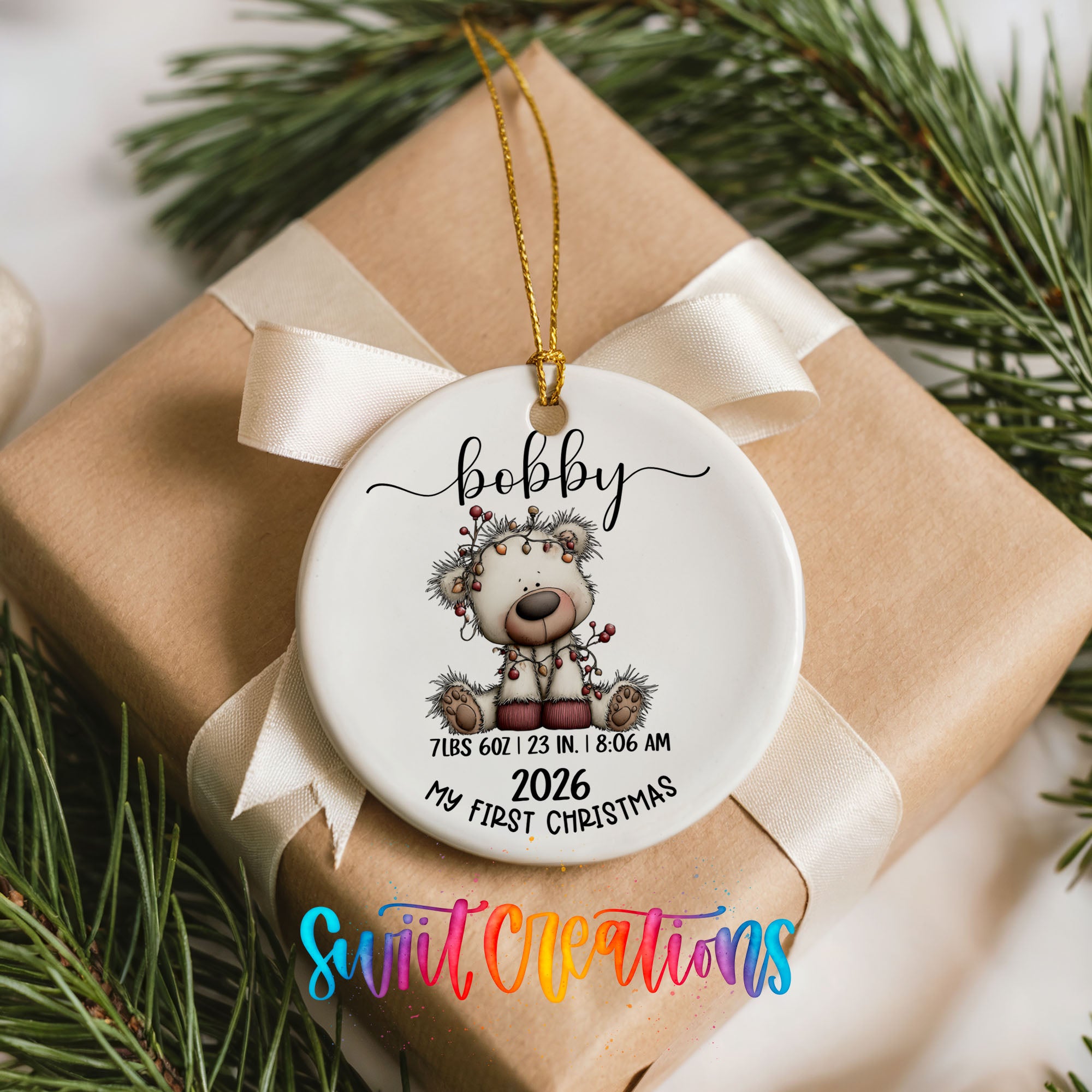 Personalized white bear birth stats ceramic ornament Christmas decor setting | CO012