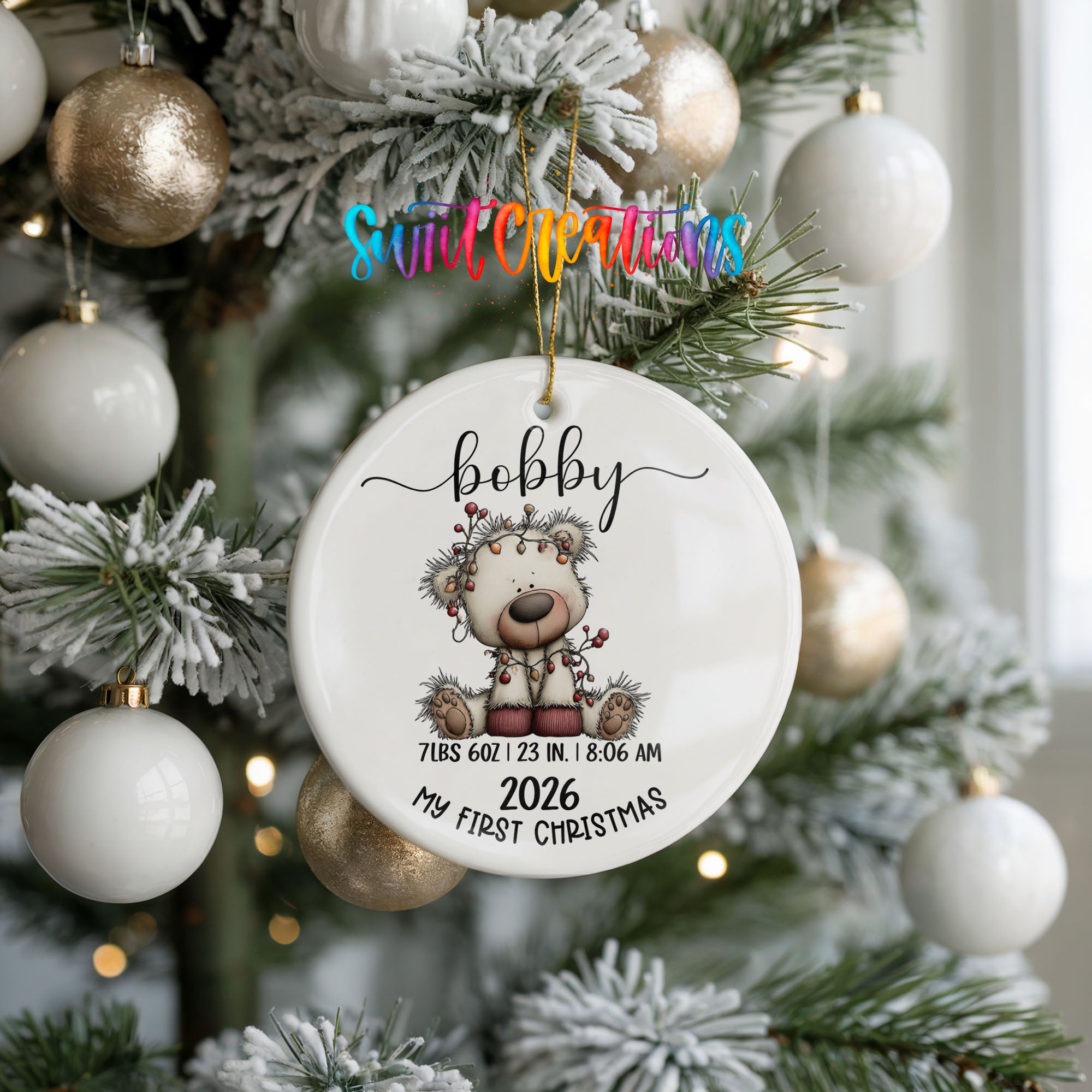 Personalized white bear birth stats ceramic ornament keepsake view | CO012