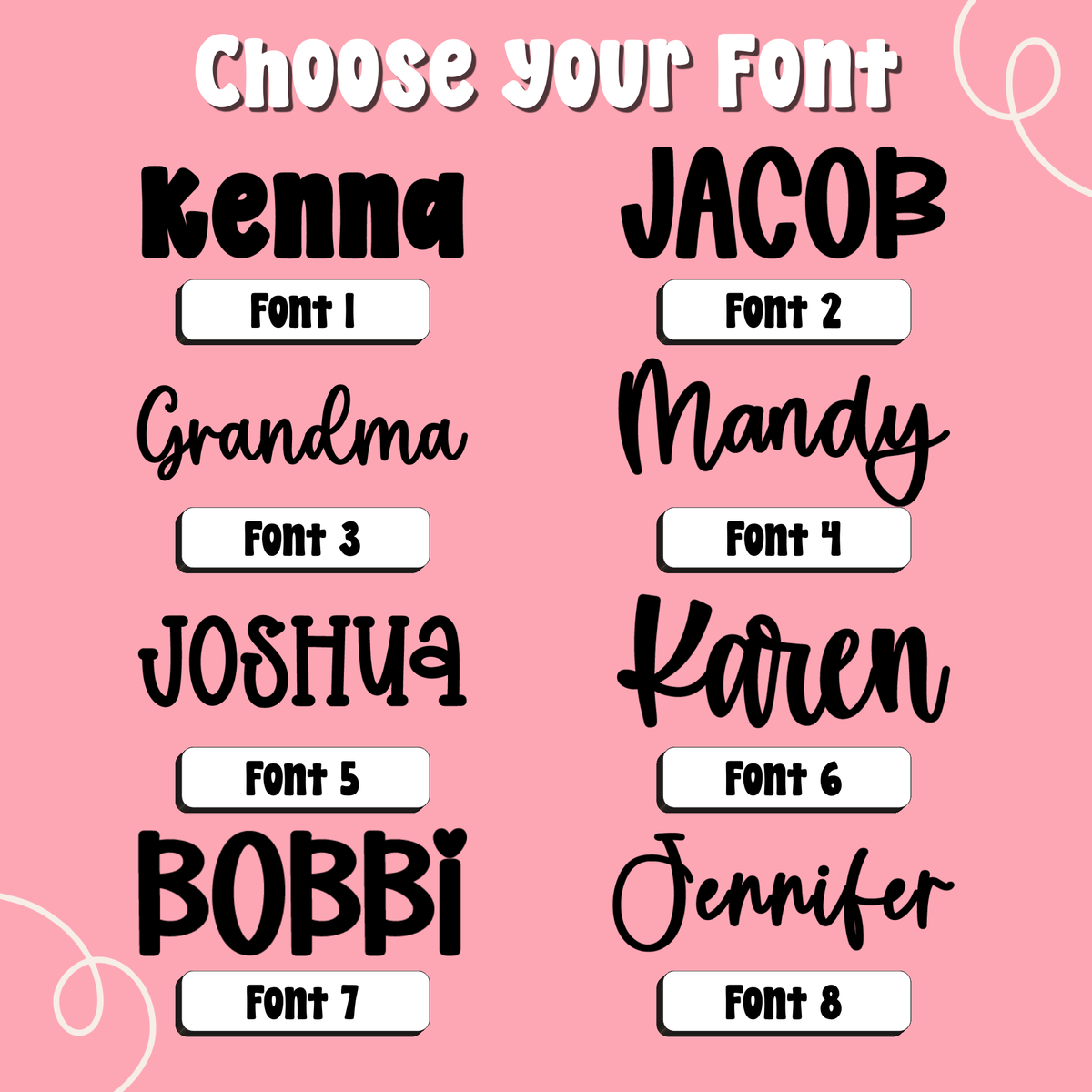 Font chart showing Font 1 through Font 8 for the personalized back