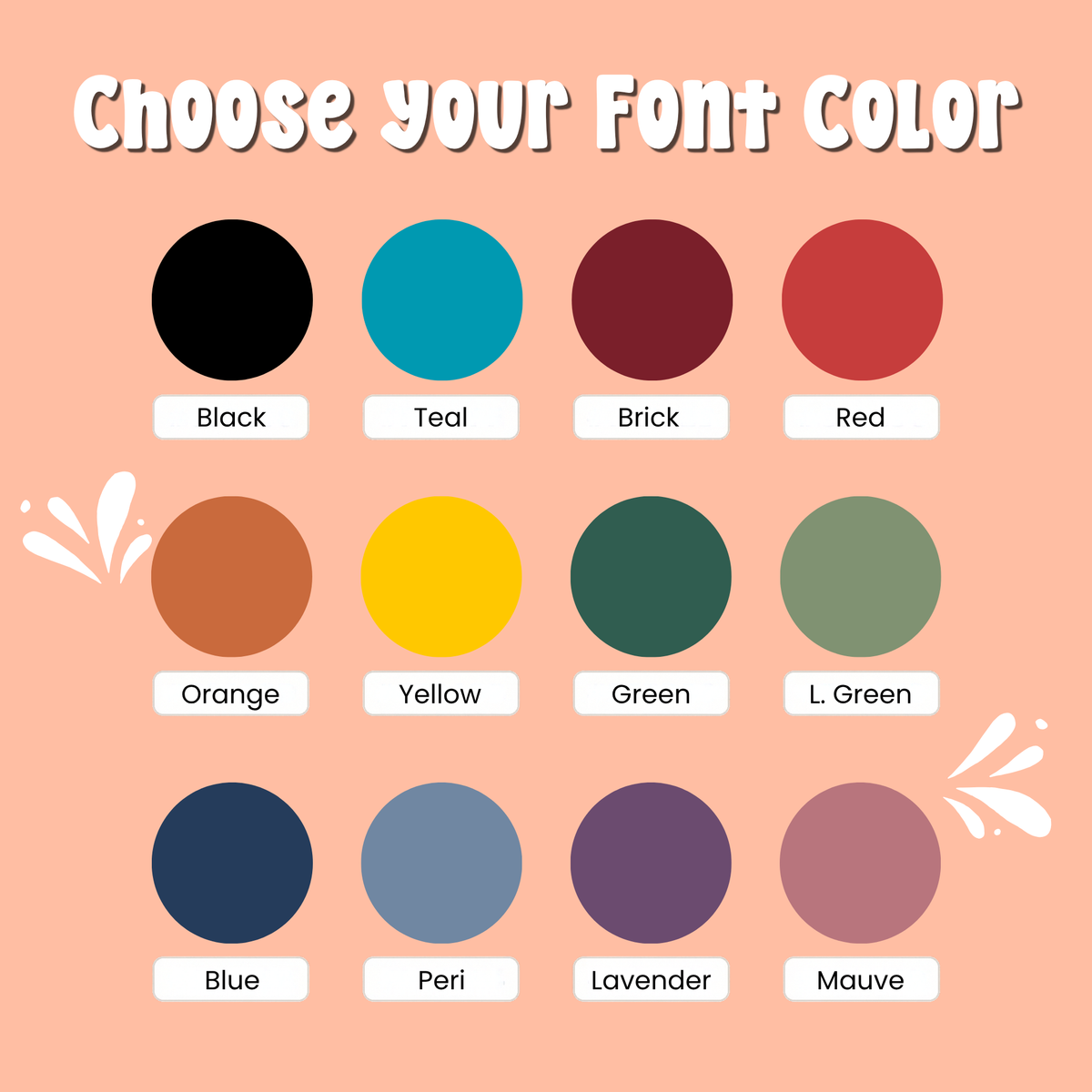 Font color chart with 12 color choices for the personalized back