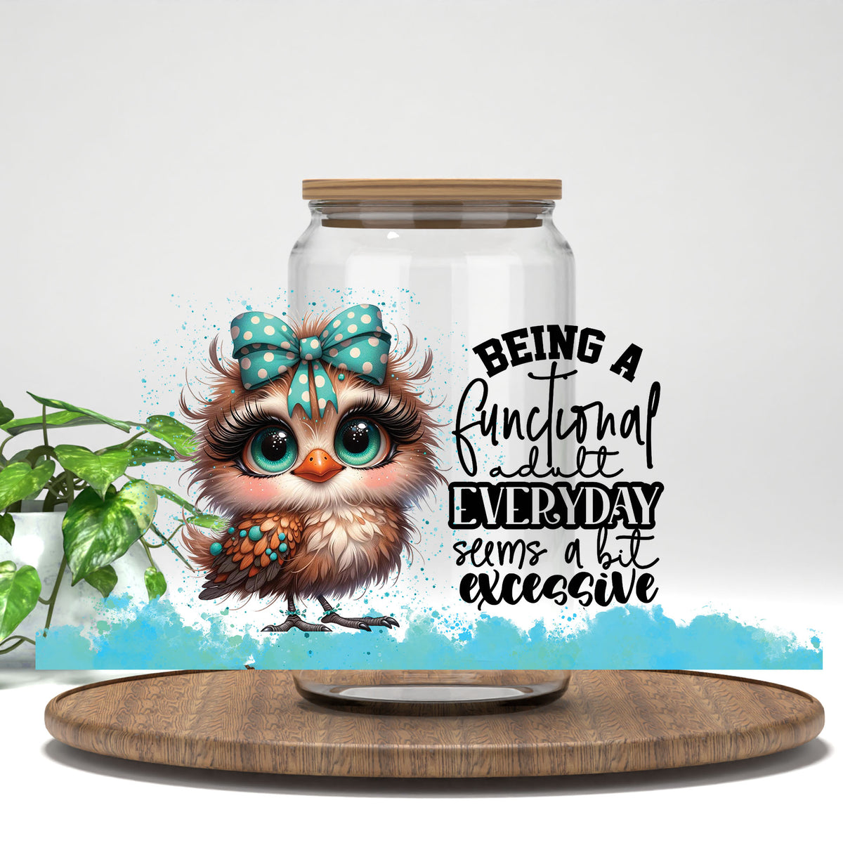 Functional Adult Owl UV DTF full wrap on a clear glass can
