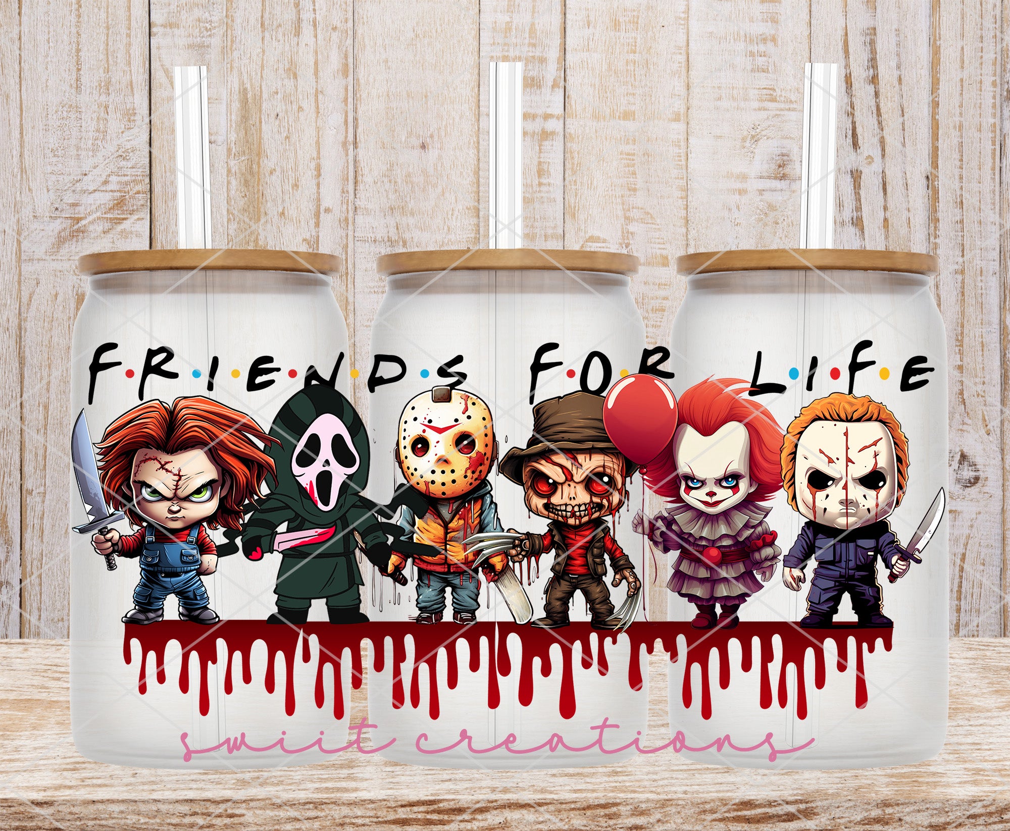 Horror Friends For Life UV DTF Cup Wrap DTF006 9.6w x 4.15h