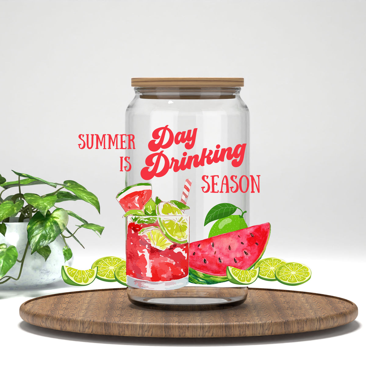 Summer Is Day Drinking Season UV DTF wrap on a clear glass can