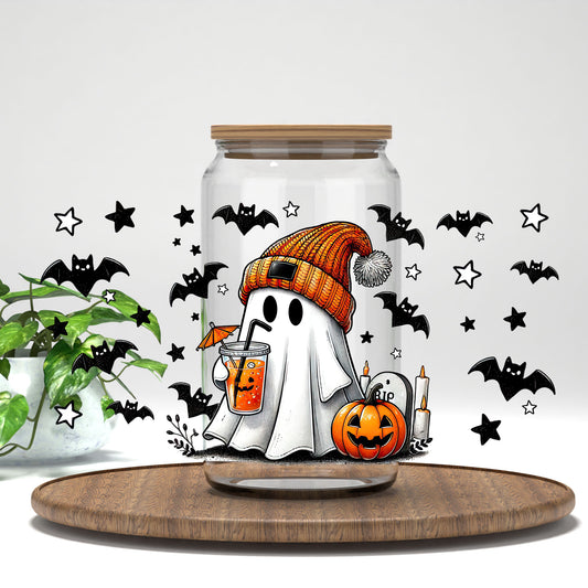 Cute Ghost UV DTF wrap on a clear glass can