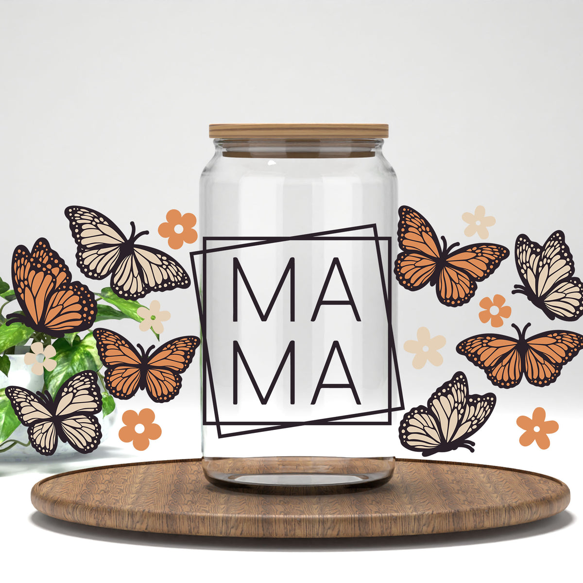 Mama Butterfly UV DTF full wrap on a clear glass can