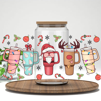 Christmas Tumblers UV DTF full wrap on a clear glass can