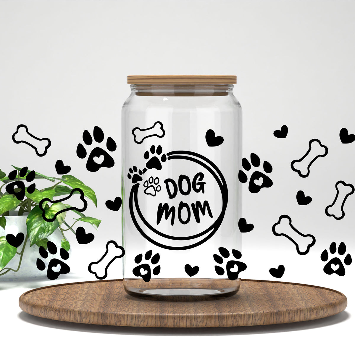 Dog Mom UV DTF full wrap on a clear glass can