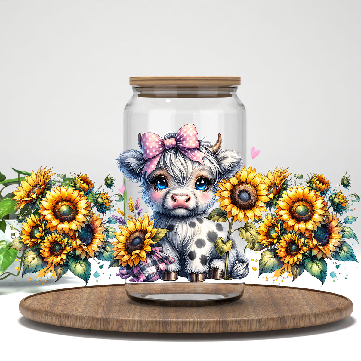Baby Highland Cow UV DTF full wrap on a clear glass can