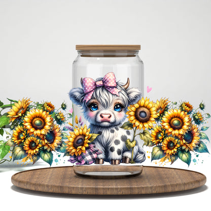 Baby Highland Cow UV DTF full wrap on a clear glass can