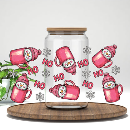 Ho Ho Pink Snowman Mugs UV DTF wrap on a clear glass can