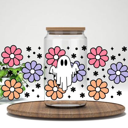 Retro Floral Ghost UV DTF full wrap on a clear glass can