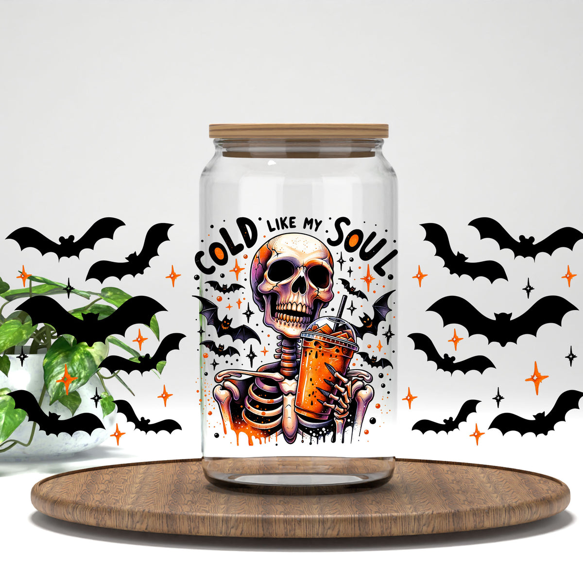 Cold Like My Soul UV DTF full wrap on a clear glass can