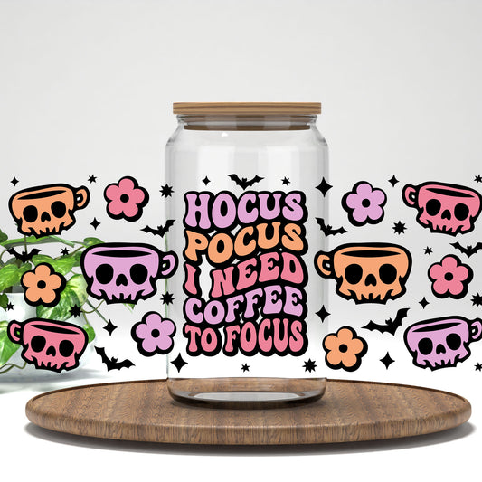 Hocus Pocus I Need Coffee to Focus skull mugs and bats UV DTF wrap on a clear glass can
