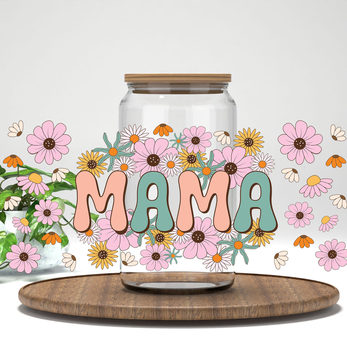 Retro Mama UV DTF full wrap on a clear glass can