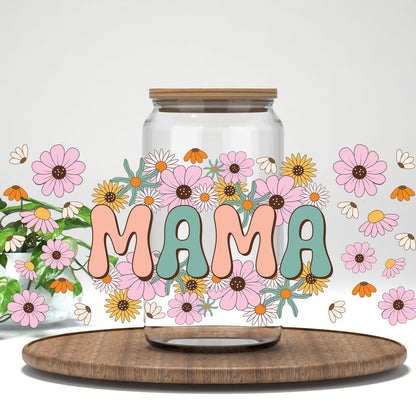 Retro Mama UV DTF full wrap on a clear glass can