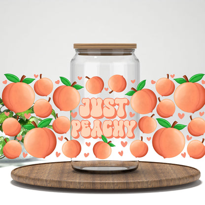 Just Peachy UV DTF full wrap on a clear glass can