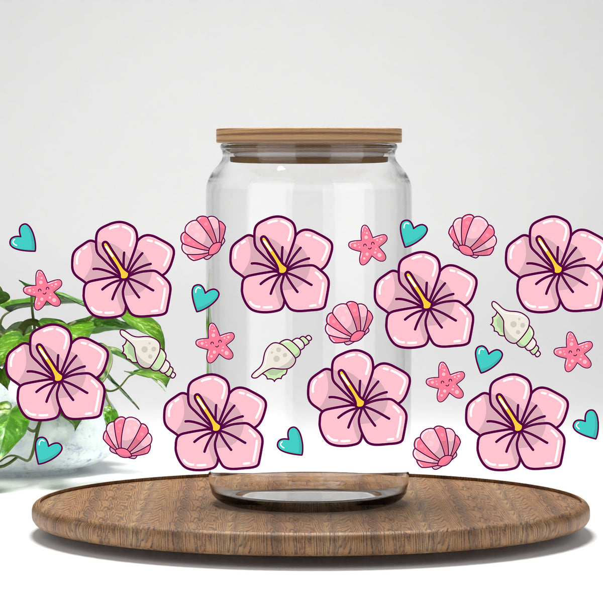 Beach Floral UV DTF full wrap on a clear glass can