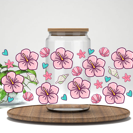 Beach Floral UV DTF full wrap on a clear glass can