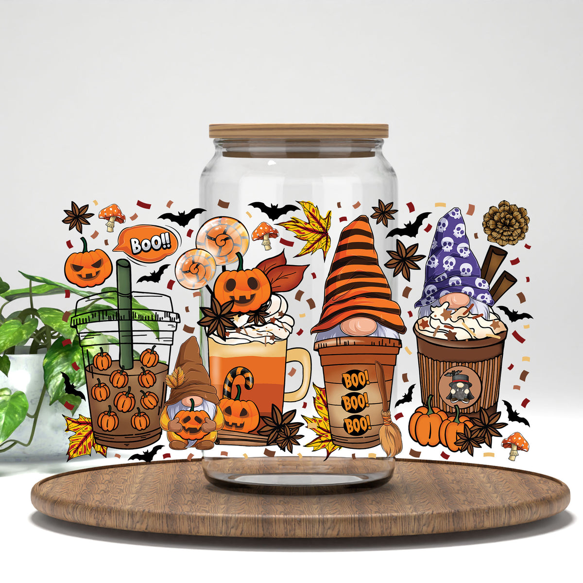 Halloween Gnome Coffee UV DTF wrap on a clear glass can