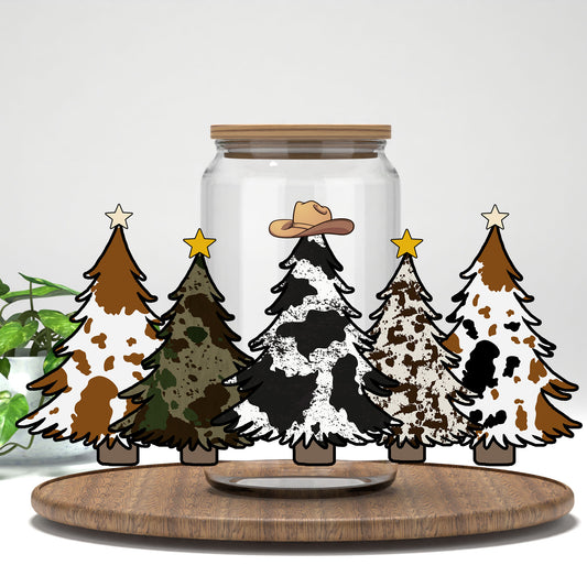 Cow Print Christmas Trees UV DTF full wrap on a clear glass can