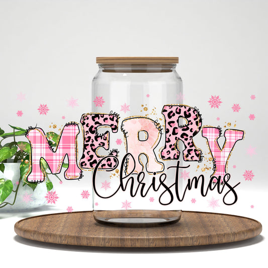Merry Christmas Pink Plaid and Leopard UV DTF wrap on a clear glass can