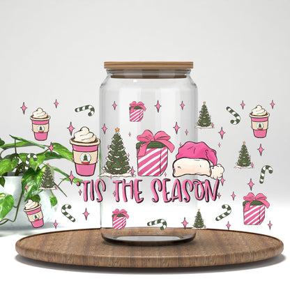 Tis the Season pink coffee and gifts UV DTF wrap on a clear glass can