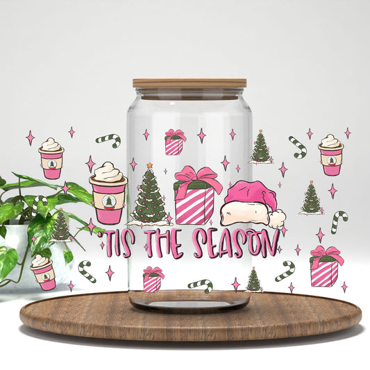 Tis the Season pink coffee and gifts UV DTF wrap on a clear glass can