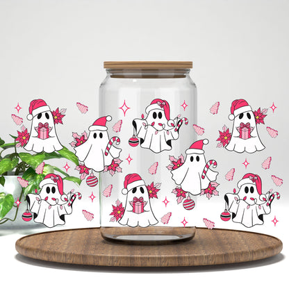Pink Christmas Ghosts poinsettias and gifts UV DTF full wrap on a clear glass can