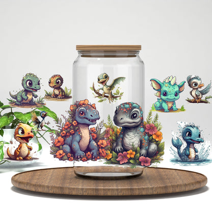 Cute Baby Dinosaurs UV DTF wrap on a clear glass can
